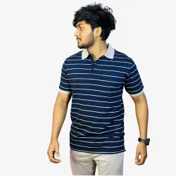 Men's Navy Blue & Grey Striped Polo T-Shirt | Premium Cotton Regular Fit